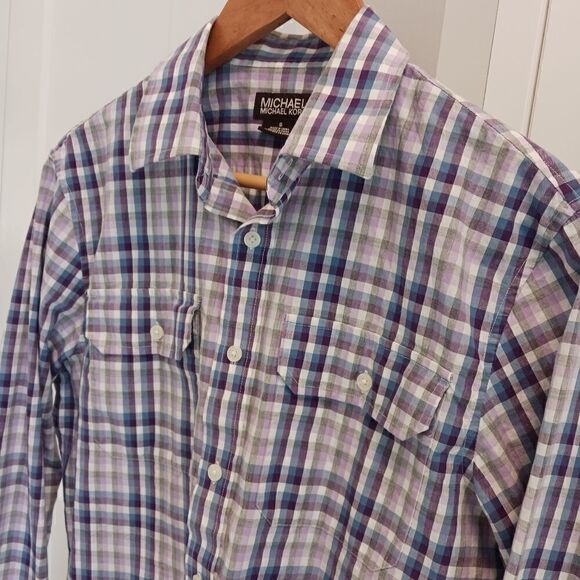 Mens Michael Kors Button Down Shirt Cotton Plaid - Picture 3 of 14